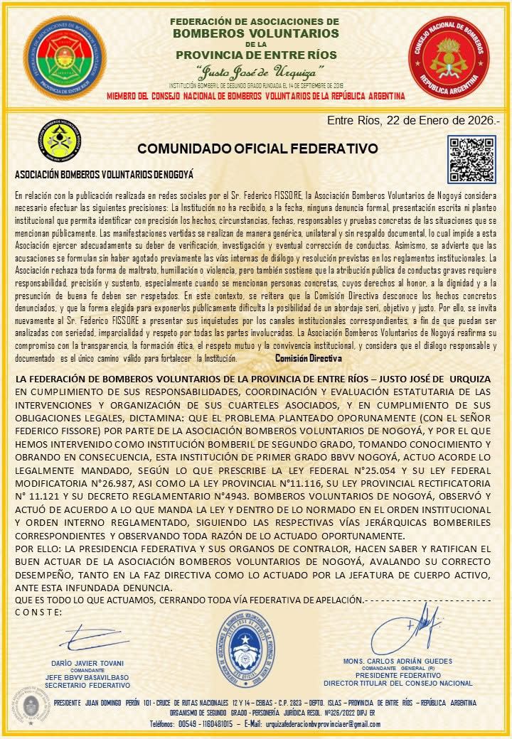 La Federación de Bomberos respaldó el accionar del cuartel de Nogoyá y dio por cerrado el conflicto iniciado en redes